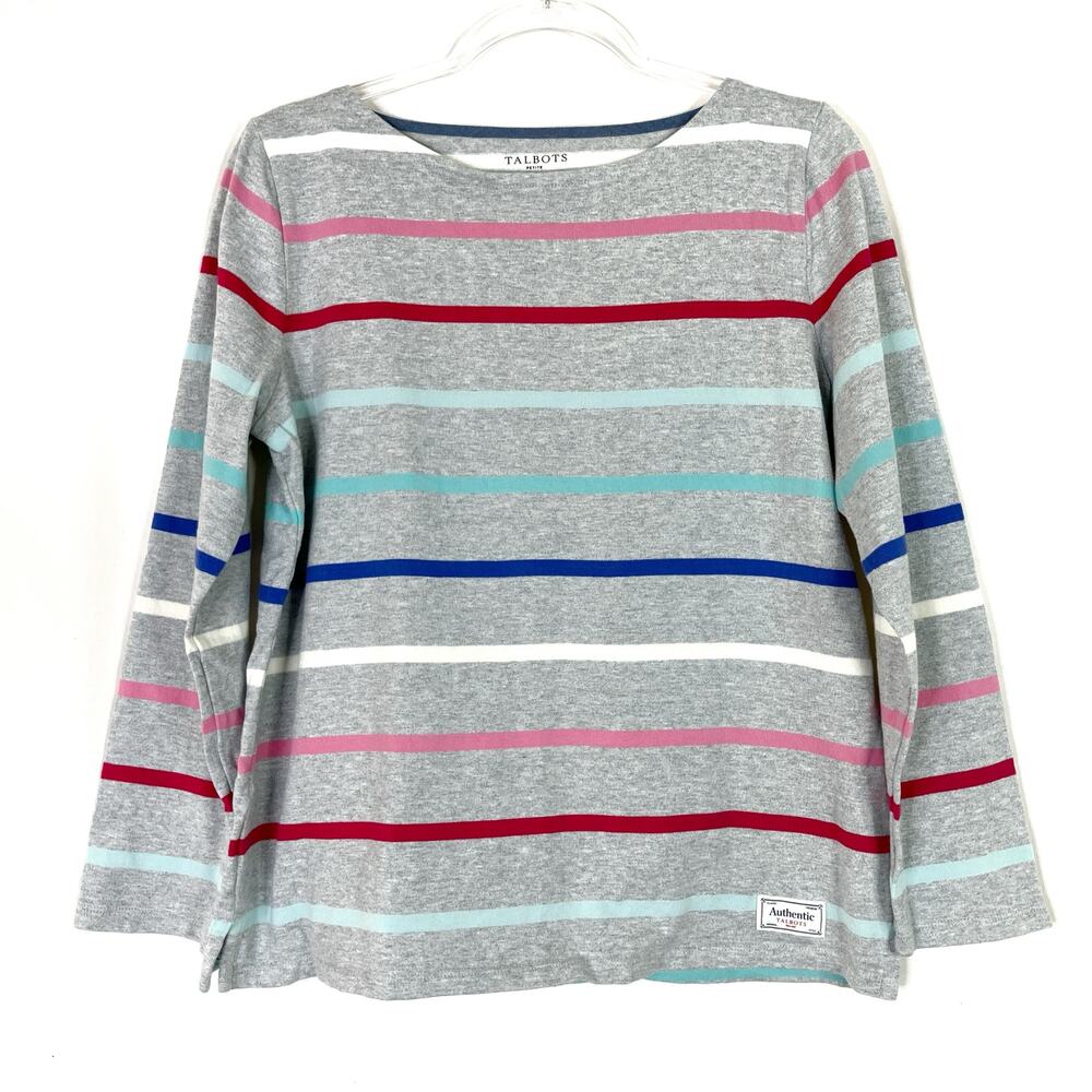 Talbots Gray Pink Blue Striped Pullover Sweater 100% Cotton Womens Large PETITE